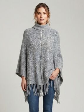 RW&CO. Gray Turtleneck Fringe Poncho Sweater Size XL